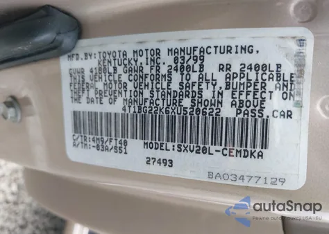 1999 Toyota Camry Ce из США, поврежденный, VIN 4T1BG22K6XU520622